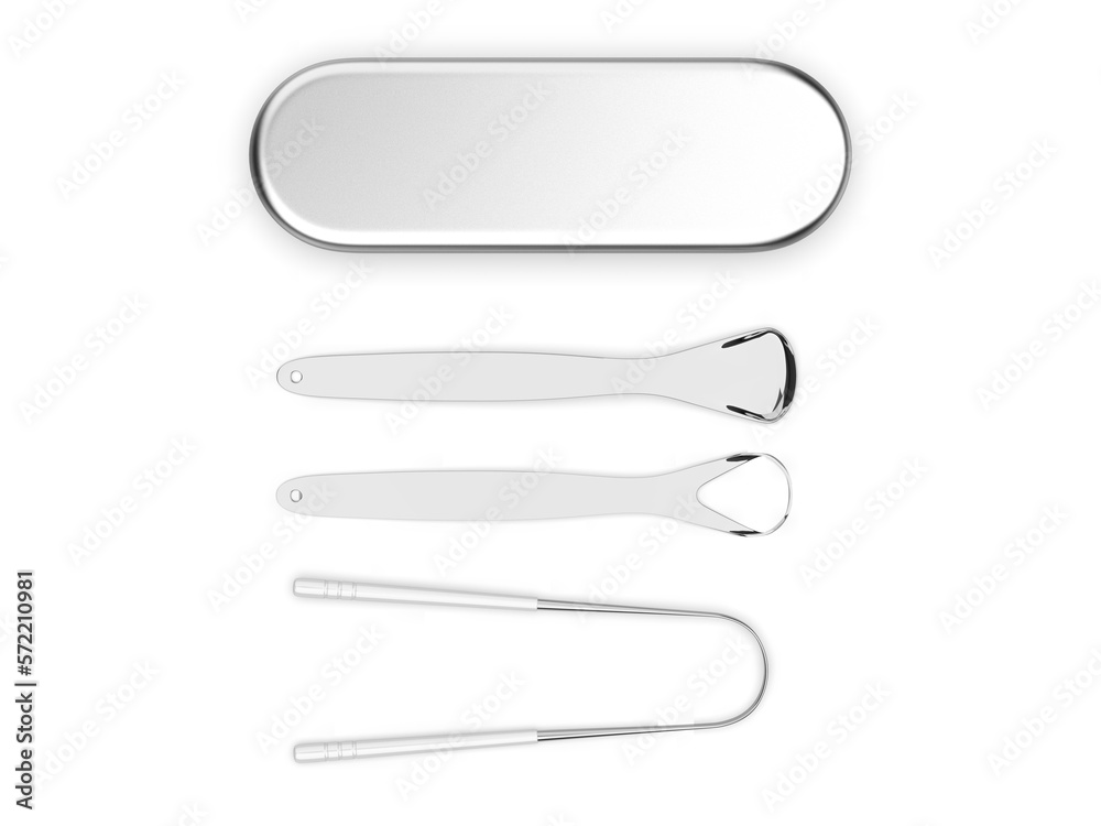 Blank Tongue Scraper Set Stainless Steel Cleaner Set with Iron Case, 3d render illustration. Blank Tongue Scraper Set Stainless Steel Cleaner Set with Iron Case, 3d render illustration.