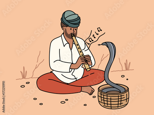 Man in turban playing on flute with cobra dancing in basket. Snake charmer play musical instrument for hypnotizing. Vector illustration. 