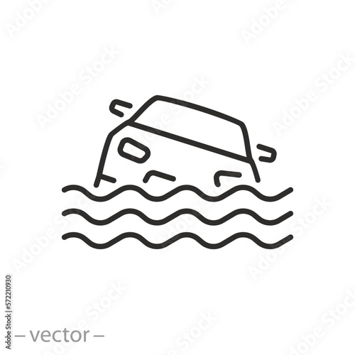 flood car icon, flooded road, natural disaster, auto in water waves, line symbol on white background - editable stroke vector illustration eps10