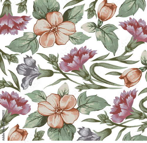 Seamless pattern carnations Beautiful blooming realistic isolated flowers. Vintage background fabric. Apple wildflowers. Wallpaper baroque. Drawing engraving sketch Vector victorian style illustration