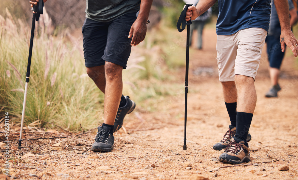 Hiking, fitness and feet of people walking on mountain for adventure