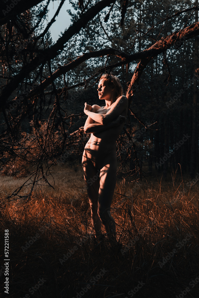 Naked woman among the dried branches of old pine trees