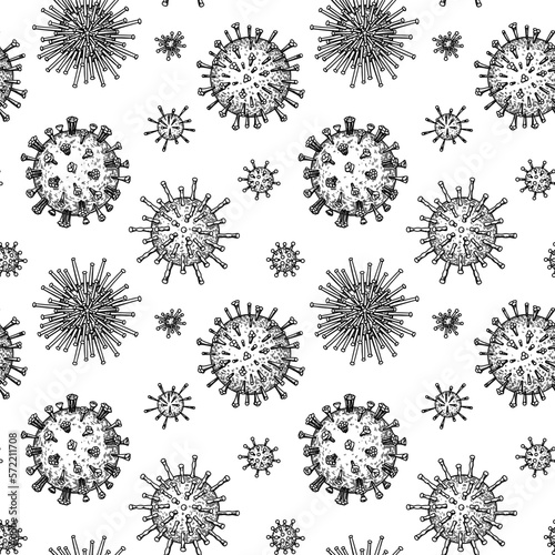 Viruses seamless patten. Scientific hand drawn vector illustration in sketch style. Microscopic microorganisms