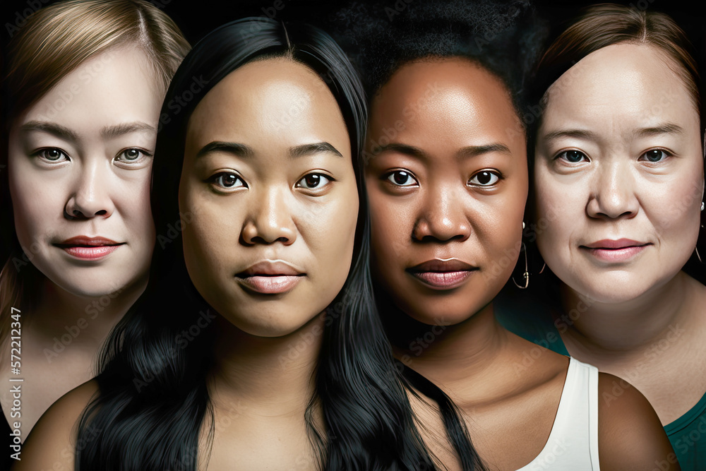 Portrait of four empowered women celebrating the International Women's Day. Diversity, multiracial, inclusivity, feminism, working woman concept. Down's Syndrome. Generative AI.