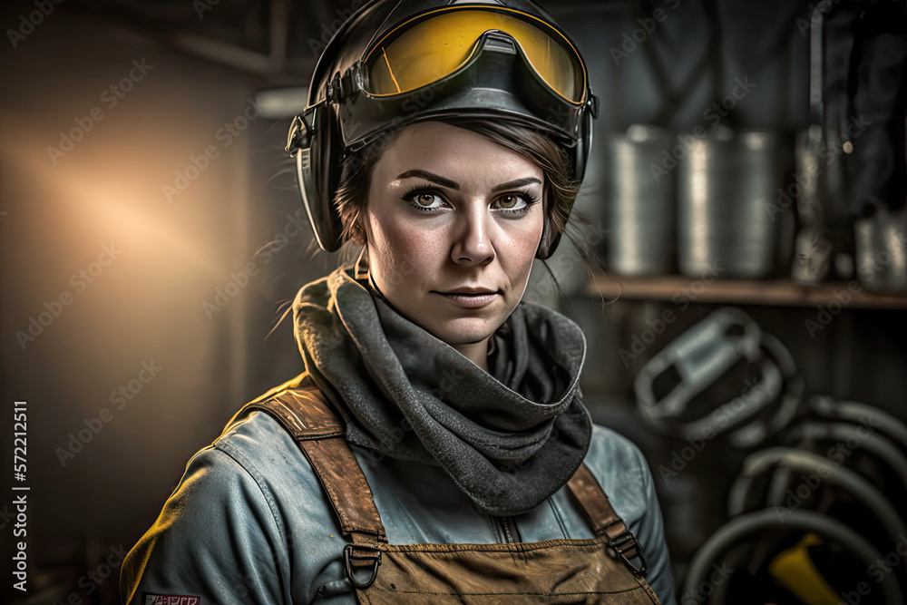Portrait of a welder woman in a garage. Soldering iron woman dressed with work uniform clothes in workplace. Working woman and feminism concept. Generative AI. Portrait of a welder woman in a garage. Soldering iron woman dressed with work uniform clothes in workplace. Working woman and feminism concept. Generative AI.
