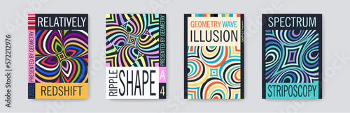 Set of Swiss design posters. Simple brutalism geometric composition. Op art striped optical illusion. Vector template