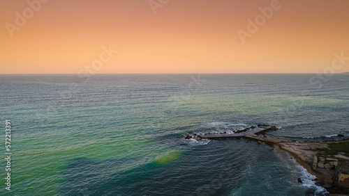 Sunrise over Black Sea. Aerial view of a beautiful summer sea sun rise. Nature sea landscape wallpaper image.