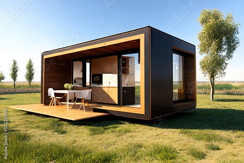 Modular wooden house on wheels with flat roof and big windows all around. Modern and elegant style, with an outdoor living area.