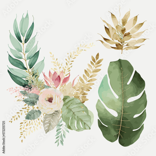 Watercolor tropical floral bouquet set - green, blush & gold leaves. Decorative elements template. Flat cartoon illustration isolated on white background
