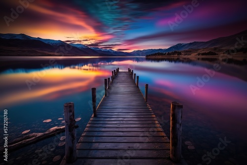 Perspective view of a wooden pier on the sea with an amazing sunset  with reflections on the water. inspiration concept  enjoy life  relaxing moment -  Generative AI