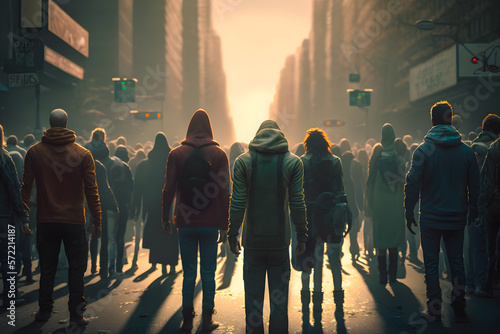 Crowds of people on the street of a million-plus metropolis look into the distance. Generative AI
