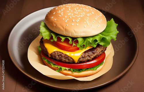 Tasty Burger, top view close-up. Studio Shot of Hamburger Sandwich on a plate in a restaurant. Generative AI.