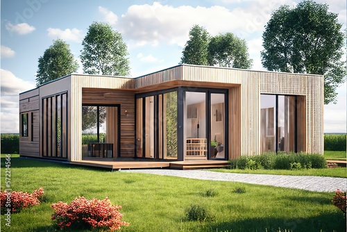 Timber frame modular house with flat roof, panoramic windows and double doors. Generative AI photo