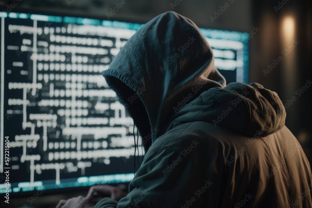 The dark web hooded hacker, digital binary code on background - Generative AI