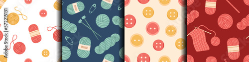 Vector set of seamless patterns with wool yarn balls and skeins, knitting needles, crochet hooks and buttons. Cozy crafting hobby. Backgrounds with knitting tools in flat design. Handmade concept.