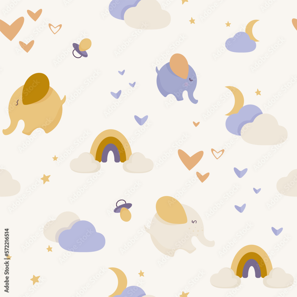 Seamless pattern in pastel colors with baby elephants, rainbows, clouds, pacifiers. Use it for baby textile, room decoration, wallpaper, linen. Seamless pattern in pastel colors with baby elephants, rainbows, clouds, pacifiers. Use it for baby textile, room decoration, wallpaper, linen.
