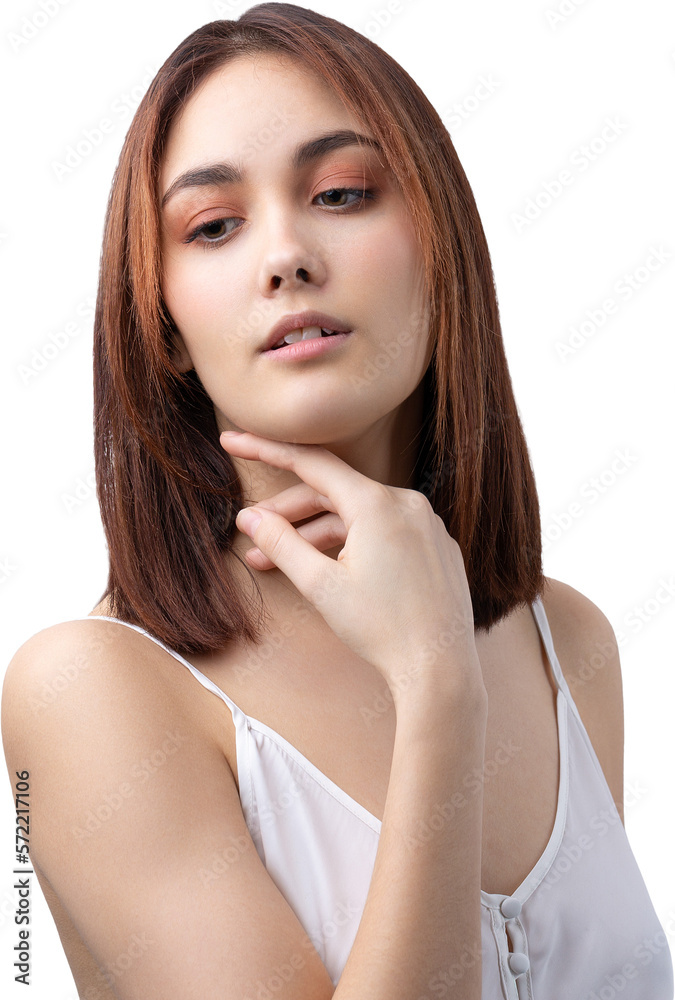 Beautiful smiling woman with clean skin, natural make-up and white teeth on a gray background Beautiful smiling woman with clean skin, natural make-up and white teeth on a gray background