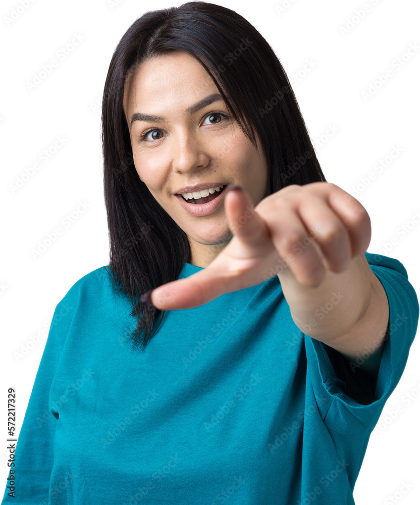 Happy young caucasian female in a blue t-shirt pointing fingers away Happy young caucasian female in a blue t-shirt pointing fingers away