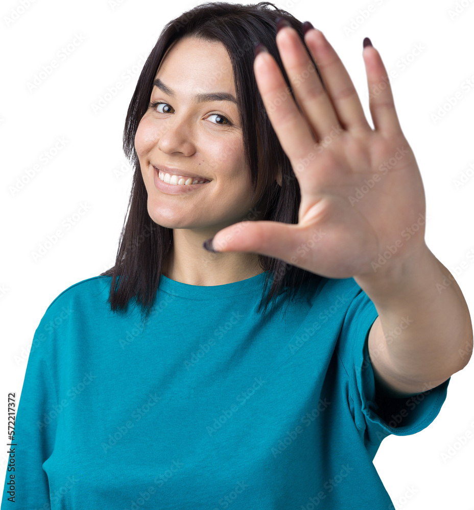 Smiling woman raised her hand palm up and forward like waving. Smiling woman raised her hand palm up and forward like waving.