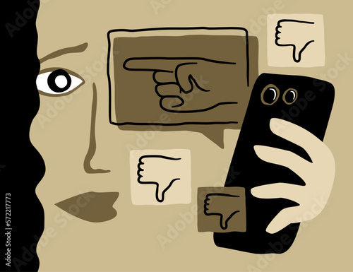 Social bullying - sad woman looks at dislikes
