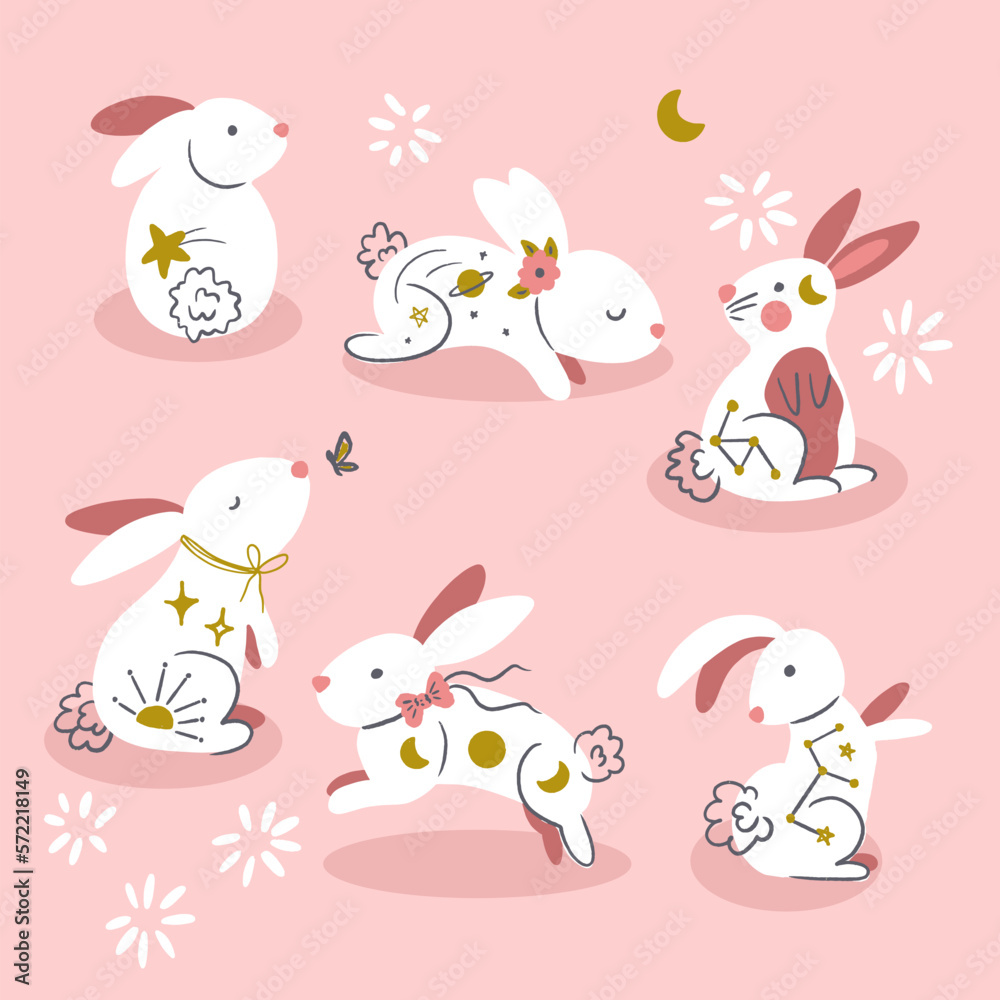 Cute Cosmic Rabbits Vector Isolated Elements Set