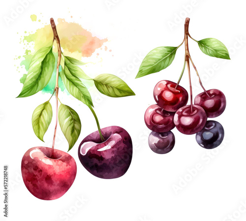 Watercolor painting cherry on white background. Generative ai illustration