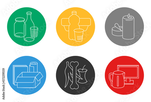 Waste sorting stickers set in thin line
