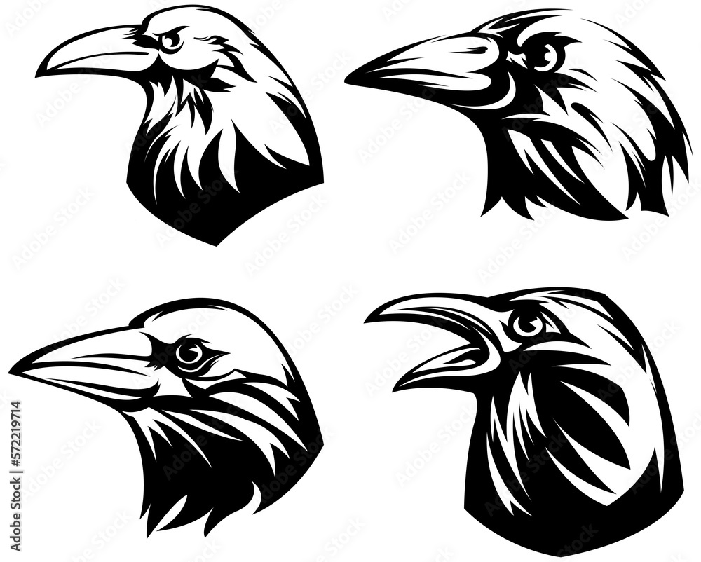 Obraz premium Head of raven. Crow abstract character illustration. Graphic logo designs template for emblem. Image of portrait for company use or tattoo set.