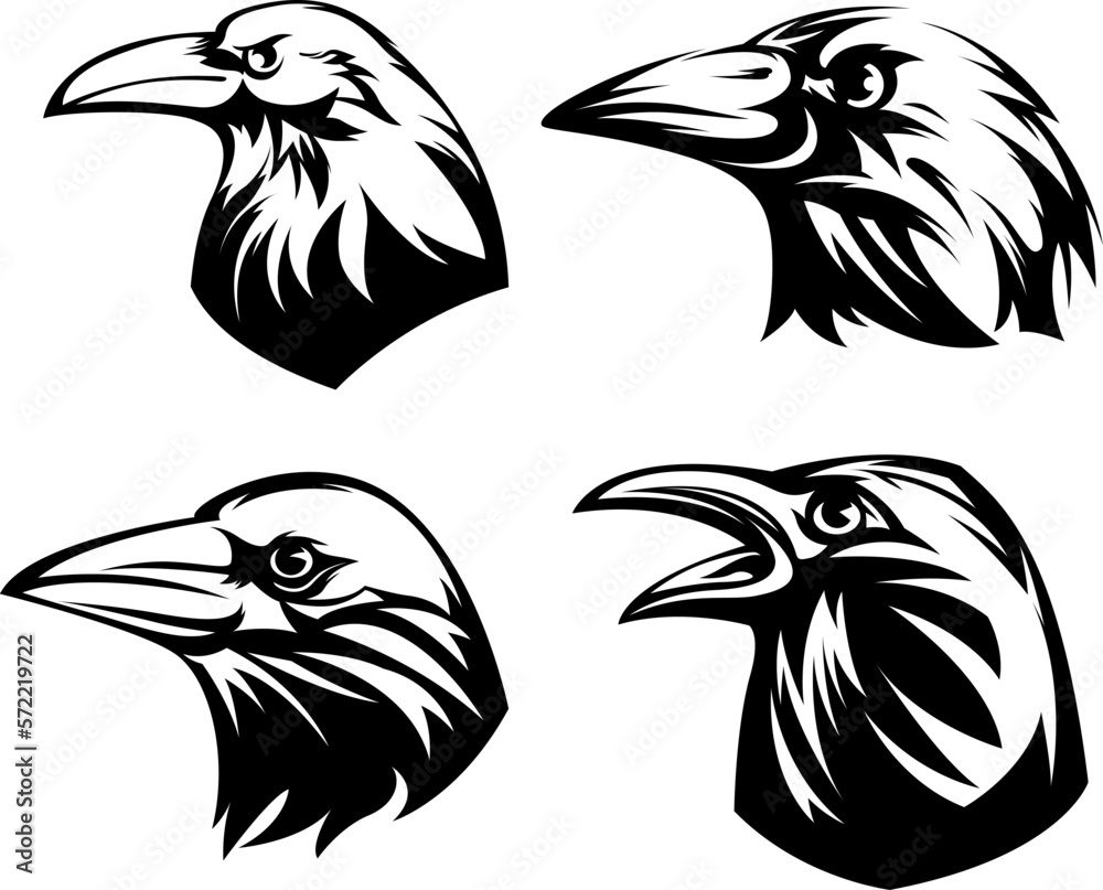 Fototapeta premium Head of raven. Crow abstract character illustration. Graphic logo designs template for emblem. Image of portrait for company use or tattoo set.