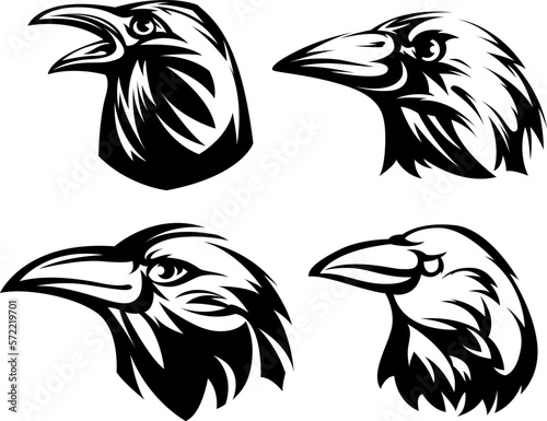 Head of raven. Crow abstract character illustration. Graphic logo designs template for emblem. Image of portrait for company use or tattoo set.