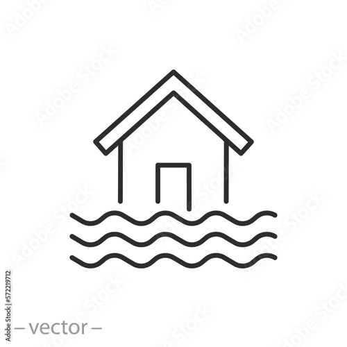 flood buildings icon, house in water waves, flooding rising levels, line symbol on white background - editable stroke vector illustration eps10