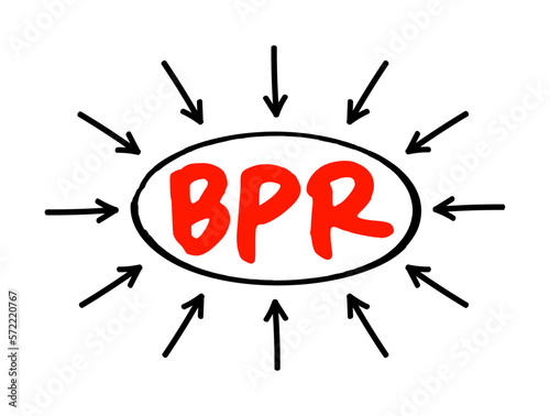 BPR Business Process Reengineering - redesign of core business processes to achieve dramatic improvements in productivity, cycle times and quality, acronym text with arrows