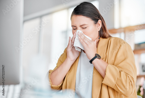 Woman, office and tissue for nose by computer in public relations management with allergy, dust and sneeze. Corporate manager, covid 19 and toilet paper for virus, bacteria and desktop for PR career