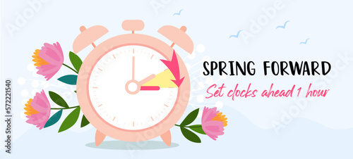 Daylight Saving Time Begins banner. Spring Forward. Reminder guide with clocks change one hour ahead. Vector illustration