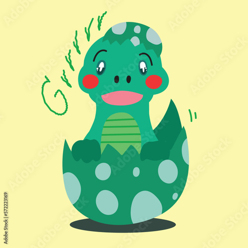 Greeting Card with green baby dinosaur cracks from an egg.
