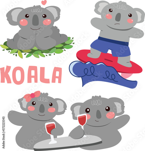 Set of cute koalas in various actions.