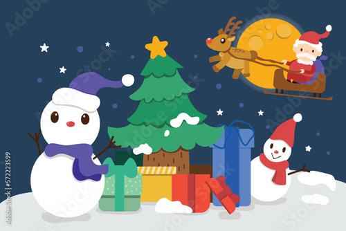 Snowman with boxes of gifts on snow background for decorating cards.