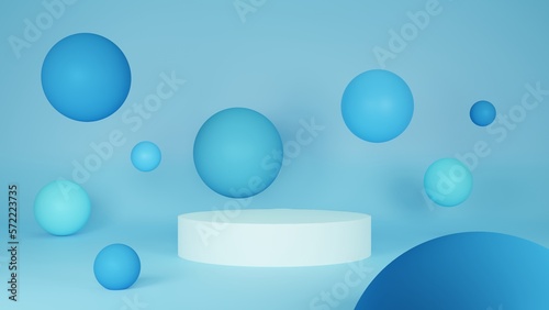 Round podium for product presentation. White cylinder podium and blue bouncing balls background. © namnaamm
