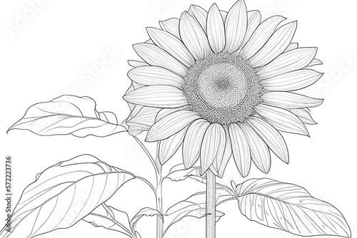 Monochrome coloring page depicting sunflower on white background. Generative AI