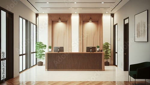 Fototapeta Naklejka Na Ścianę i Meble -  Luxury and contemporary lobby area interior design in white and wood style with reception counter. Generative AI