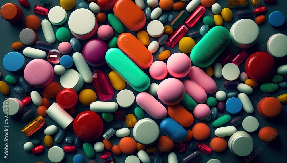 many different pills and tablets, top view. Generative AI many different pills and tablets, top view. Generative AI