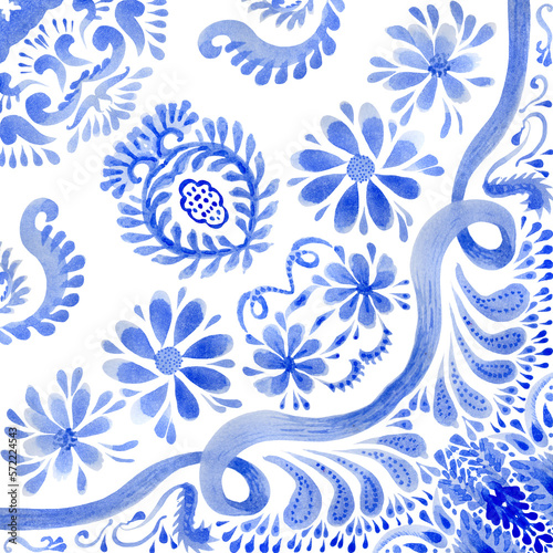 Watercolor painted tile, indigo blue hand drawn Baroque and floral ornaments isolated on a transparent background. Can be used to create damask seamless pattern if it is duplicated and mirrored