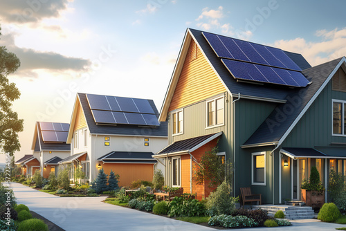 Residential houses with photovoltaic solar panels. Alternative and Renewable energy concept. generative ai.