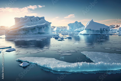 Majestic glacier and icebergs melting. Climate change and global warming warning. Generative ai.