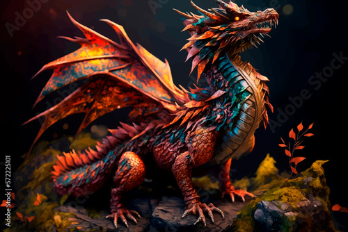 Colorful fantasy dragon on a dark background with clipping path. 3d render. Vector illustration