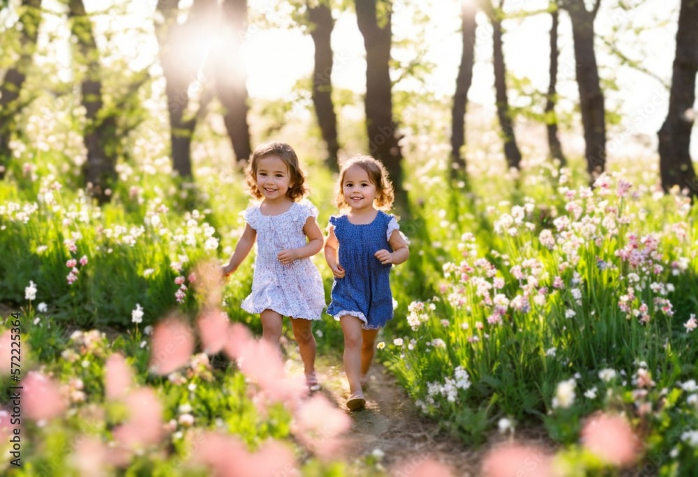 Two little girls are running around laughing in a garden full of spring flowers. Generative AI Two little girls are running around laughing in a garden full of spring flowers. Generative AI