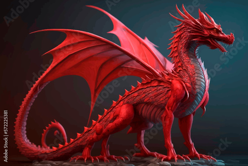 A red dragon isolated on a dark background. Fantasy character. Full body. 3d render. Illustration