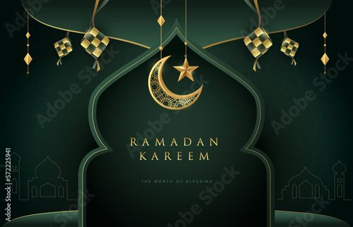Ramadan Kareem design on green islamic background with gold ornament stars, moon and ketupats. Suitable for raya and ramadan template concept.