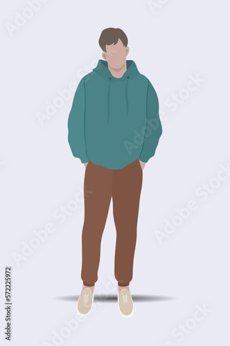  Young modern man in casual clothes. A guy in a turquoise sweatshirt stands and holds his hands in his pockets. Flat vector illustration isolated on white background.