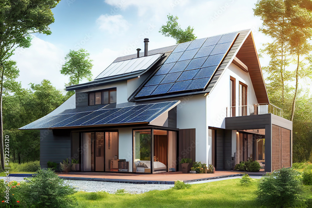 House with installed solar panels on roof. Alternative energy source. Generative ai House with installed solar panels on roof. Alternative energy source. Generative ai